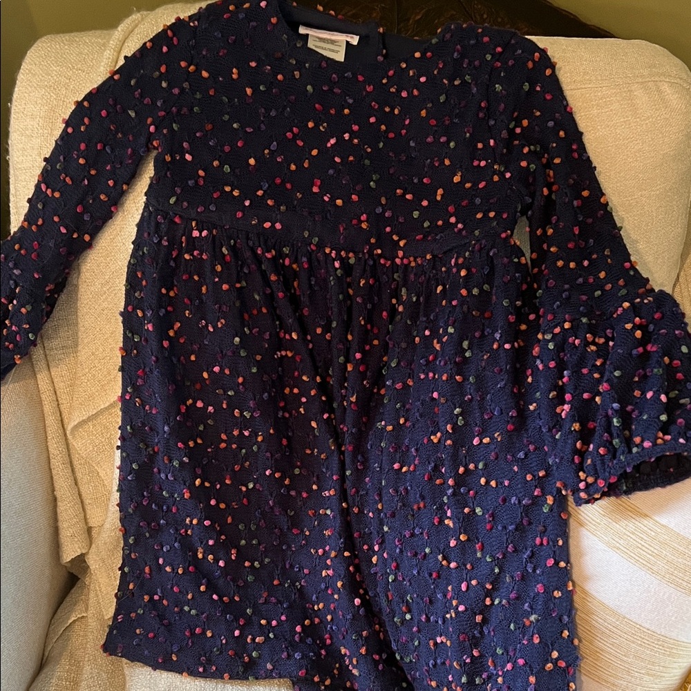 Bonnie Jean Navy Blue Knit Dress with Pink, Red and Green Pom Dot Accents